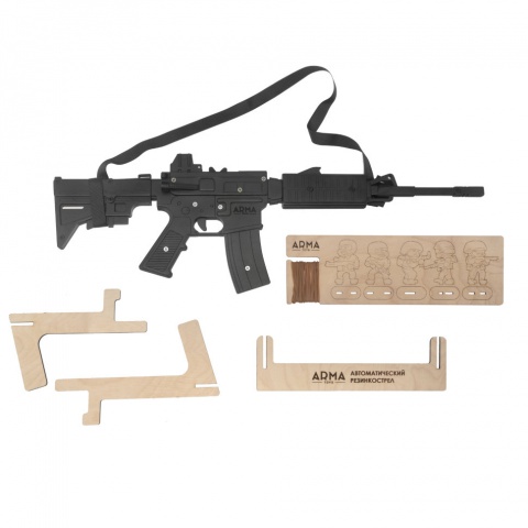 Деревянная винтовка-резинкострел М4 со стрельбой очередями, выдвижным прикладом и макетом коллиматор